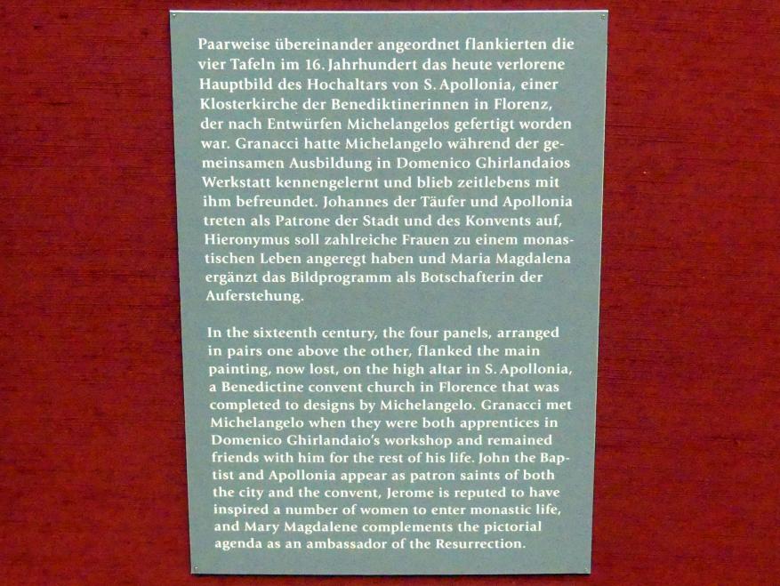 Francesco Granacci (1506–1532), Vier Tafeln des Hochaltars von S. Apollonia in Florenz, Florenz, ehem. Kamaldulenserkloster St. Apollonia, jetzt München, Alte Pinakothek, Obergeschoss Saal IV, 1530–1535, Bild 3/4
