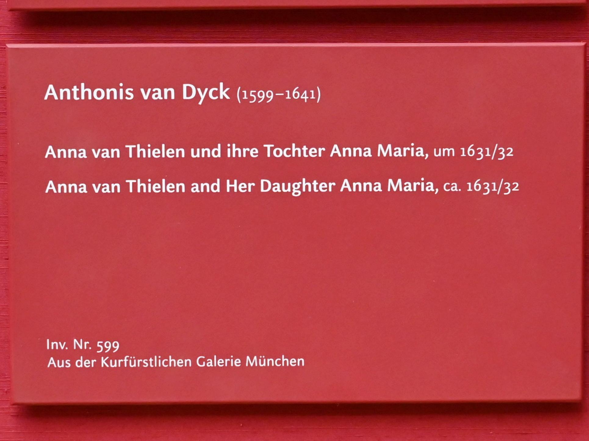 Anthonis (Anton) van Dyck (1614–1641), Bildnis der Anna van Thielen, Gattin des Malers Theodoor Rombouts, mit ihrer Tochter Anna Maria, München, Alte Pinakothek, Obergeschoss Saal VI, um 1631–1632, Bild 2/3