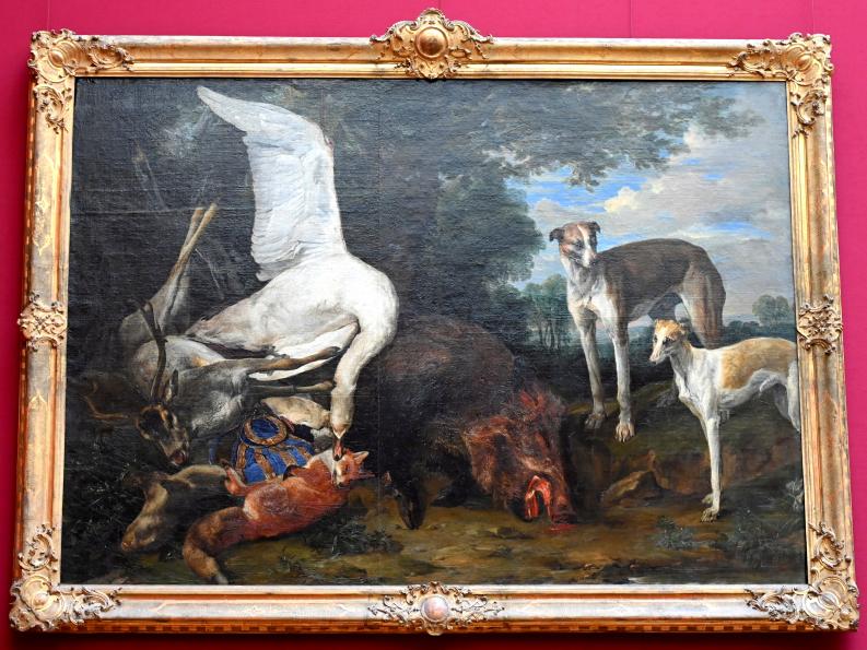 Pieter Boel (1659–1669), Erlegtes Wild, von zwei Hunden bewacht, München, Alte Pinakothek, Obergeschoss Saal VIII, Undatiert, Bild 1/2