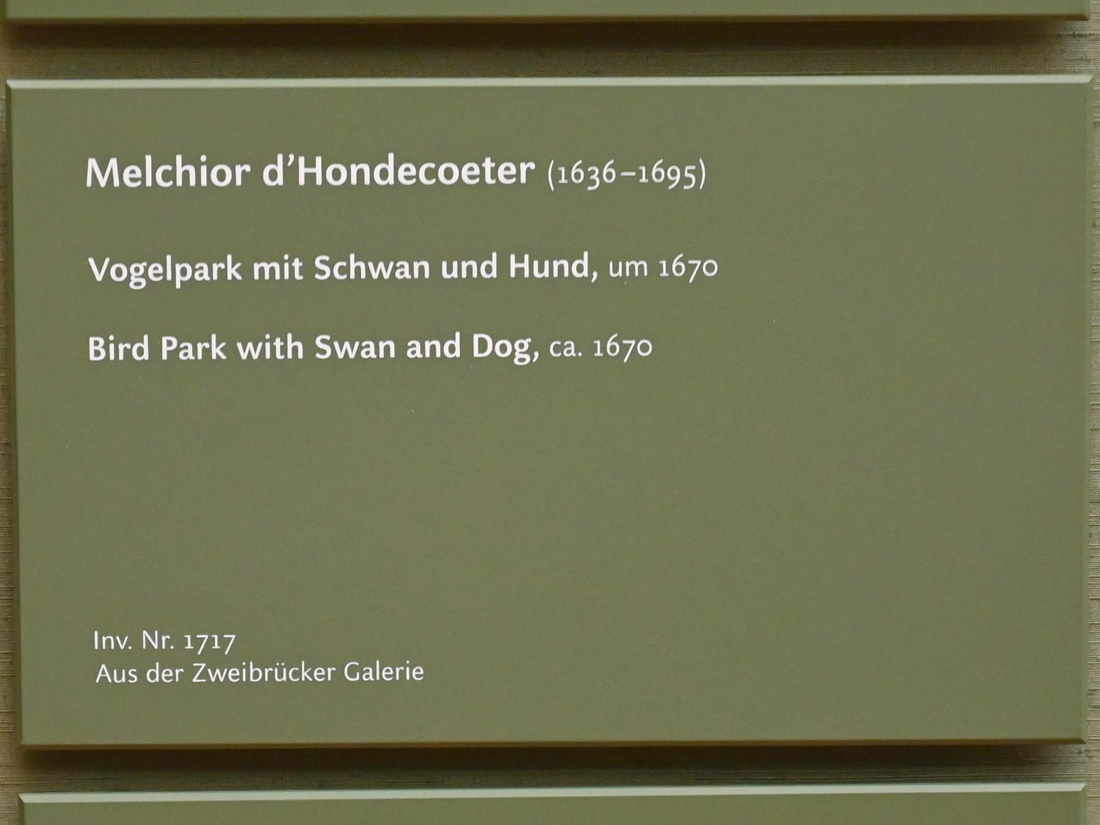 Melchior de Hondecoeter (1670–1695), Vogelpark mit Schwan und Hund, München, Alte Pinakothek, Obergeschoss Saal IX, um 1670, Bild 2/2