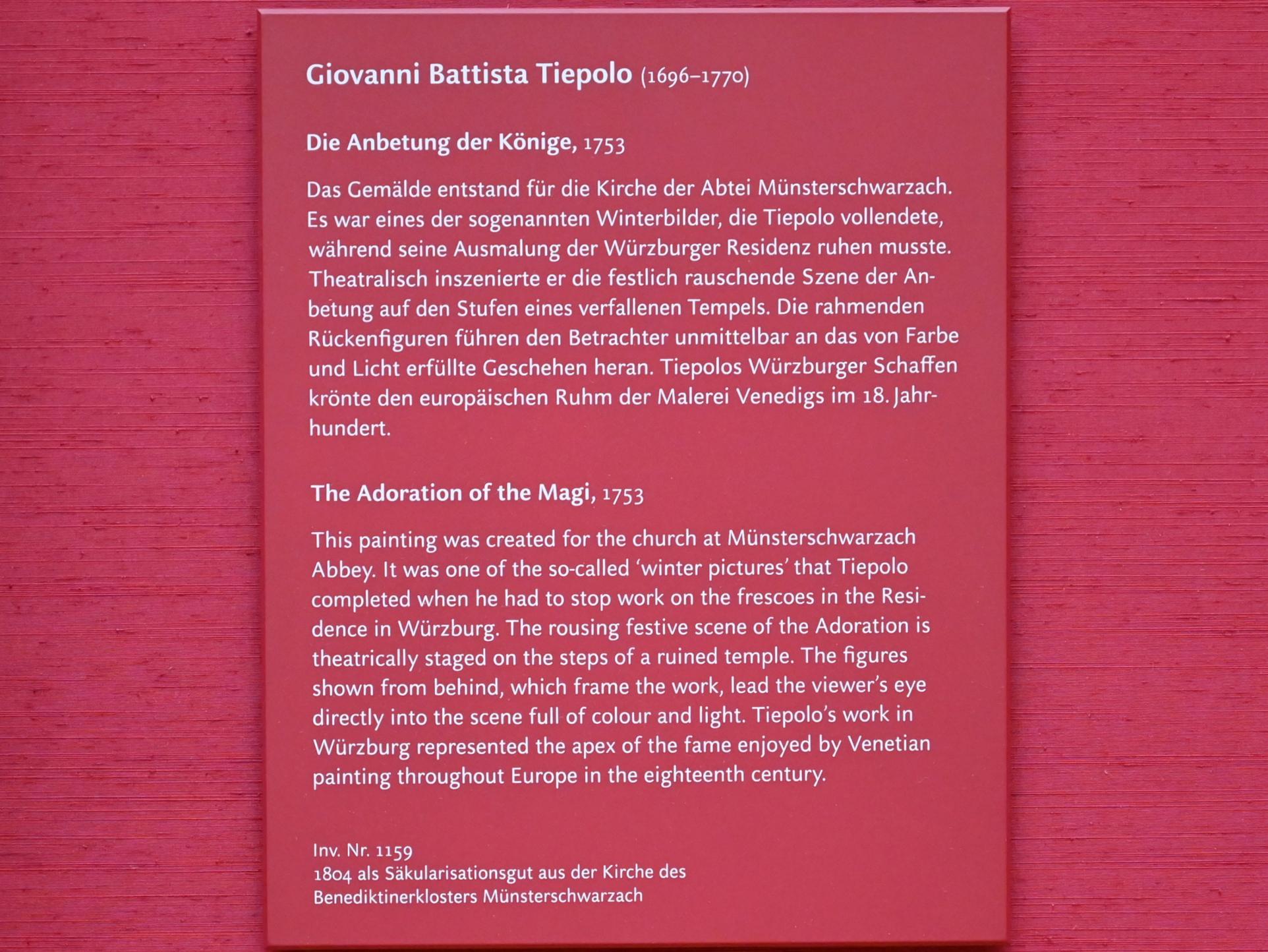 Giovanni Battista Tiepolo (1715–1785), Die Anbetung der Könige, Münsterschwarzach, Benediktinerabtei, Klosterkirche St. Felicitas (1821-1827 abgerissen), jetzt München, Alte Pinakothek, Obergeschoss Saal X, 1753, Bild 2/2