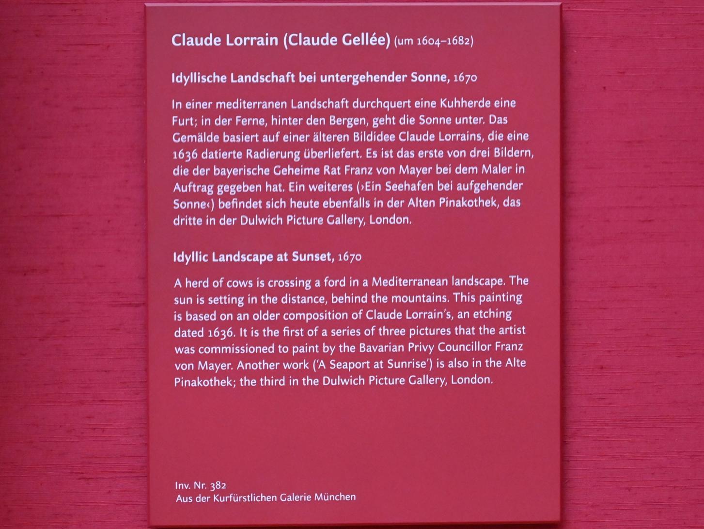 Claude Lorrain (Claude Gellée) (1628–1681), Idyllische Landschaft bei untergehender Sonne, München, Alte Pinakothek, Obergeschoss Saal XI, 1670, Bild 2/2