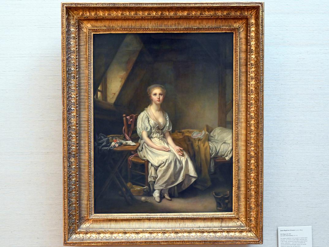 Jean-Baptiste Greuze (1754–1799), Die Klagen der Uhr (La vertu chancelante), München, Alte Pinakothek, Obergeschoss Saal XIIa, um 1775, Bild 1/2