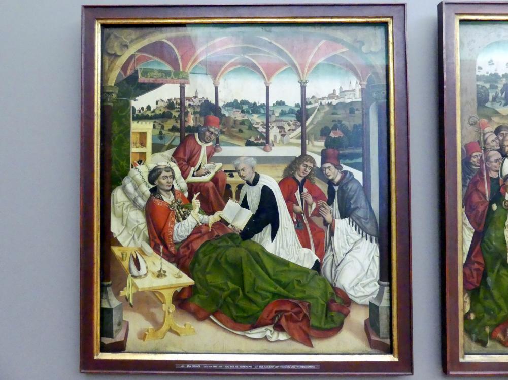 Jan Polack (1486–1500), Weihenstephaner Altar: Tod des hl. Korbinian, Weihenstephan, ehem. Benediktinerabtei, jetzt München, Alte Pinakothek, Erdgeschoss Saal III, um 1483–1489, Bild 1/2