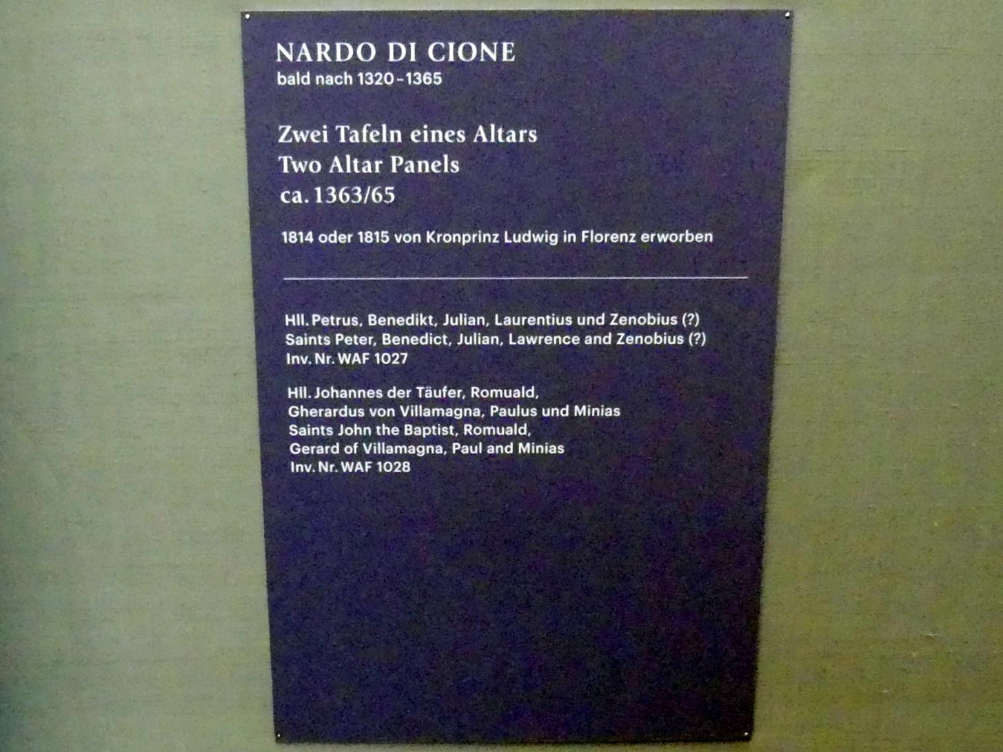 Nardo di Cione (1364–1365), Zwei Tafeln eines Altars, Florenz, ehem. Kamaldulenser-Kirche Santa Maria degli Angeli, jetzt München, Alte Pinakothek, Obergeschoss Kabinett 1-3, um 1363–1365, Bild 2/3