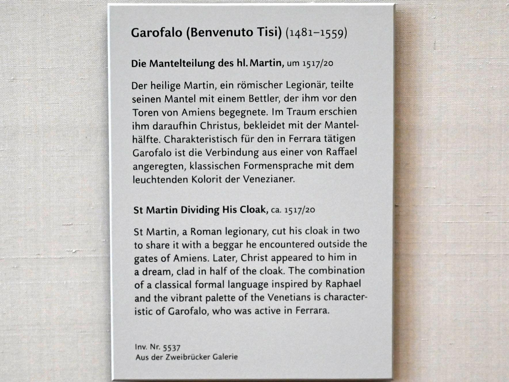 Benvenuto Tisi Garofalo (1509–1540), Die Mantelteilung des hl. Martin, München, Alte Pinakothek, Obergeschoss Kabinett 5, um 1517–1520, Bild 2/2