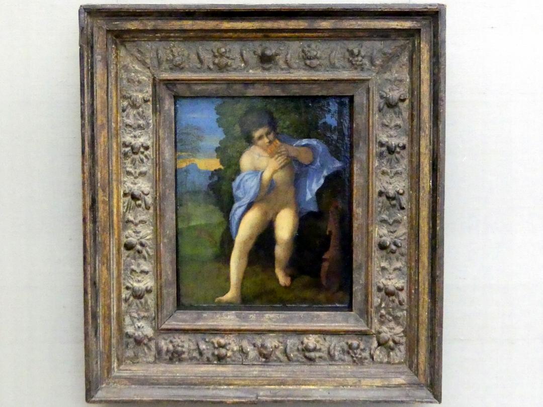 Jacopo Palma il Vecchio (Jacomo Nigretti de Lavalle) (1500–1526), Junger Faun bläst auf der Syrinx, München, Alte Pinakothek, Obergeschoss Kabinett 4, um 1513–1515, Bild 1/2