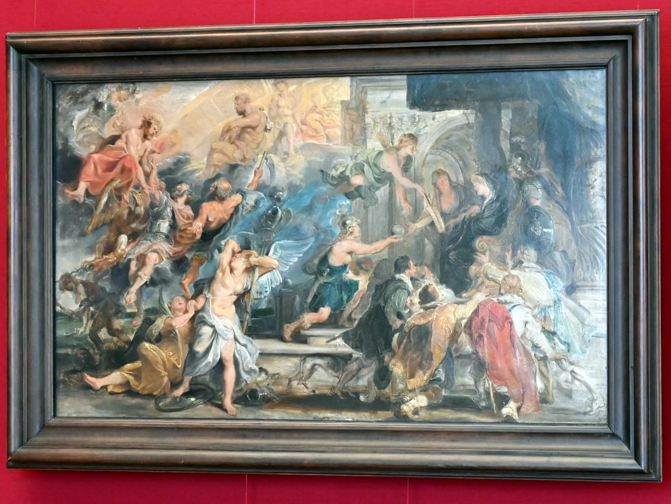 Peter Paul Rubens (1598–1650), Apotheose Heinrichs IV. und Proklamation der Regentschaft Maria de' Medicis (Skizze zum Medici-Zyklus), München, Alte Pinakothek, Obergeschoss Kabinett 12, 1622, Bild 1/2