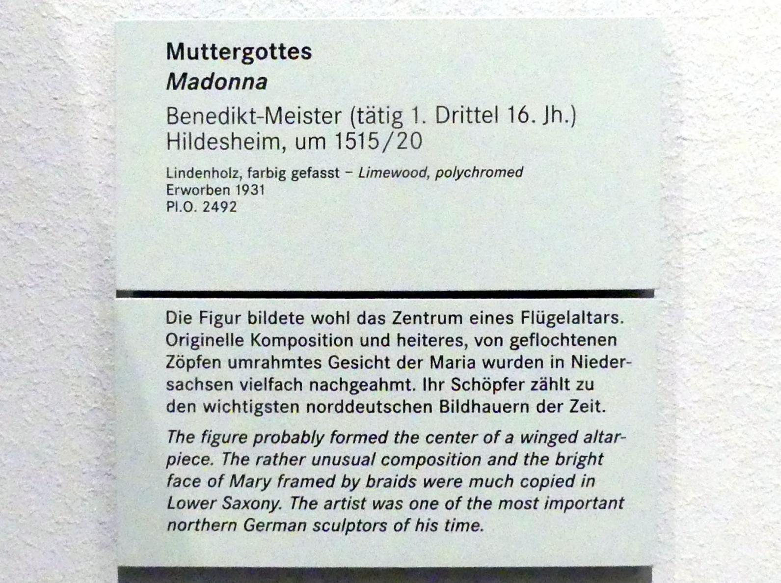 Benedikt-Meister (Hildesheim) (1517), Muttergottes, Nürnberg, Germanisches Nationalmuseum, Saal 106, um 1515–1520, Bild 2/2