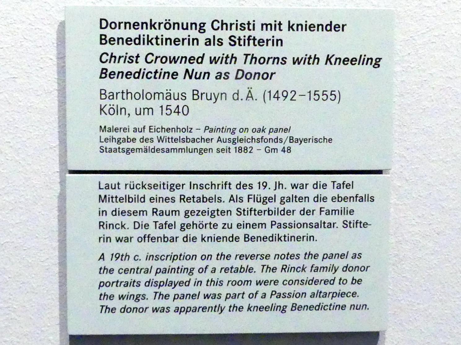 Bartholomäus Bruyn der Ältere (1513–1546), Dornenkrönung Christi mit kniender Benediktinerin als Stifterin, Nürnberg, Germanisches Nationalmuseum, Saal 106, um 1540, Bild 2/2