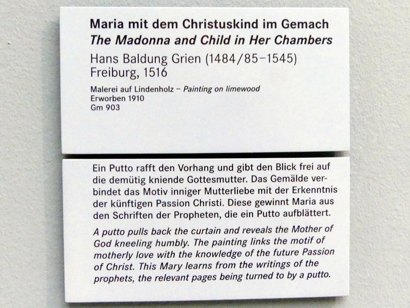 Hans Baldung Grien (1500–1544), Maria mit dem Christuskind im Gemach, Nürnberg, Germanisches Nationalmuseum, Saal 111, 1516, Bild 2/2