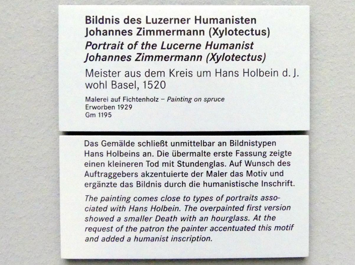 Hans Holbein der Jüngere (Umkreis) (1520–1536), Bildnis des Luzerner Humanisten Johannes Zimmermann (Xylotectus) (1490-1526), Nürnberg, Germanisches Nationalmuseum, Saal 111, 1520, Bild 2/2
