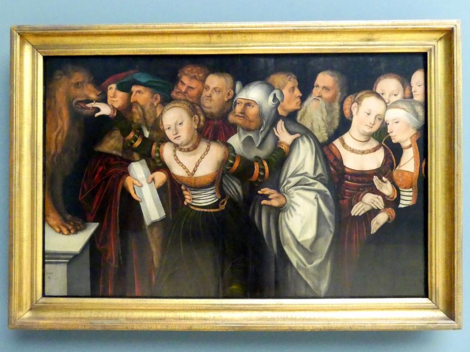 Lucas Cranach der Ältere (1502–1550), Die Fabel vom Mund der Wahrheit, Nürnberg, Germanisches Nationalmuseum, Saal 111, 1534, Bild 1/2