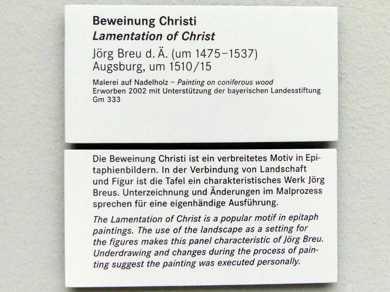 Jörg Breu der Ältere (1501–1534), Die Beweinung Christi, Nürnberg, Germanisches Nationalmuseum, Saal 113, um 1510–1515, Bild 2/2