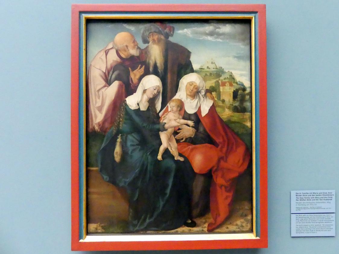 Meister des Ansbacher Kelterbildes (1517), Die hl. Familie mit Maria und Kind, ihrer Mutter Anna und den beiden Ehemännern, Nürnberg, Germanisches Nationalmuseum, Saal 114, um 1515–1520, Bild 1/2