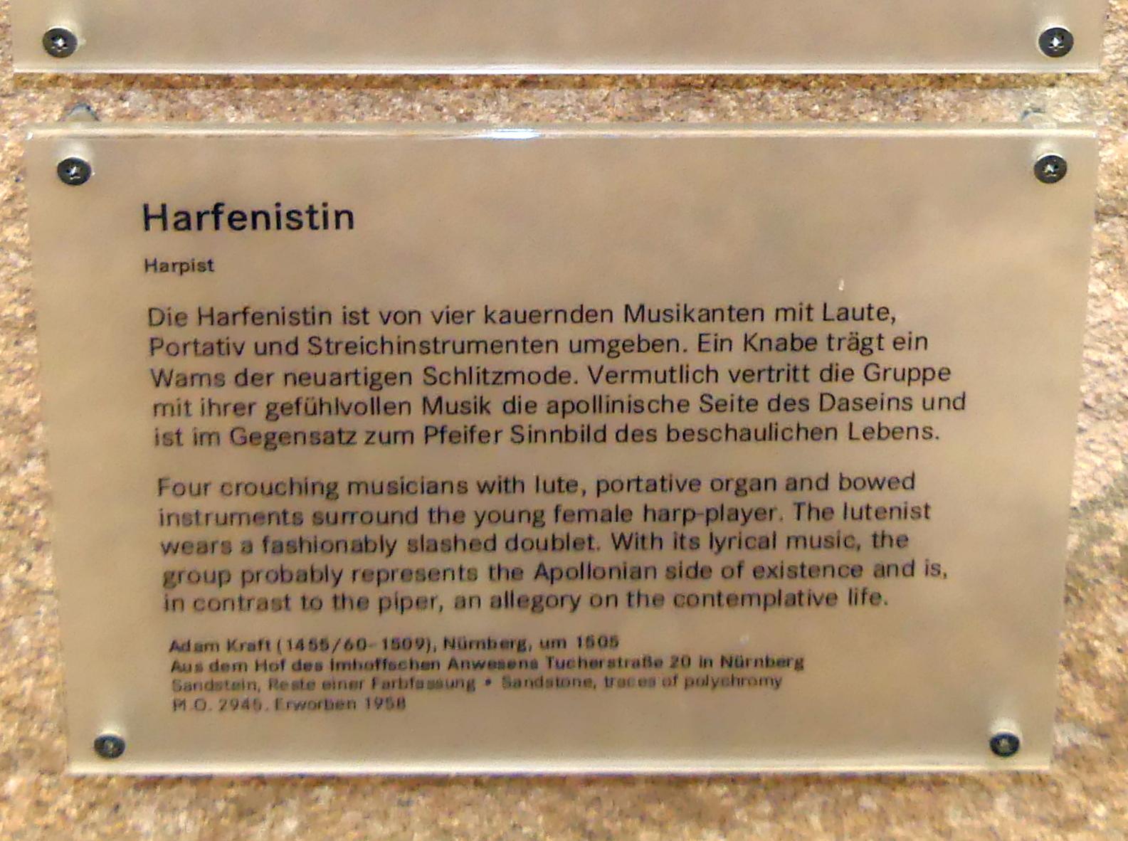 Adam Kraft (1488–1507), Harfenspielerin, Nürnberg, Imhoffsche Haus, Tucherstraße 20, jetzt Nürnberg, Germanisches Nationalmuseum, Saal 35, um 1505, Bild 3/3