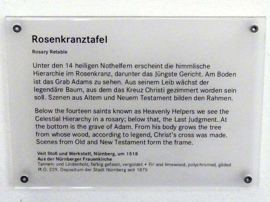 Veit Stoß (1495–1524), Rosenkranztafel, Nürnberg, Stadtpfarrkirche Zu Unserer lieben Frau (Frauenkirche), jetzt Nürnberg, Germanisches Nationalmuseum, Saal 35, um 1518, Bild 3/3
