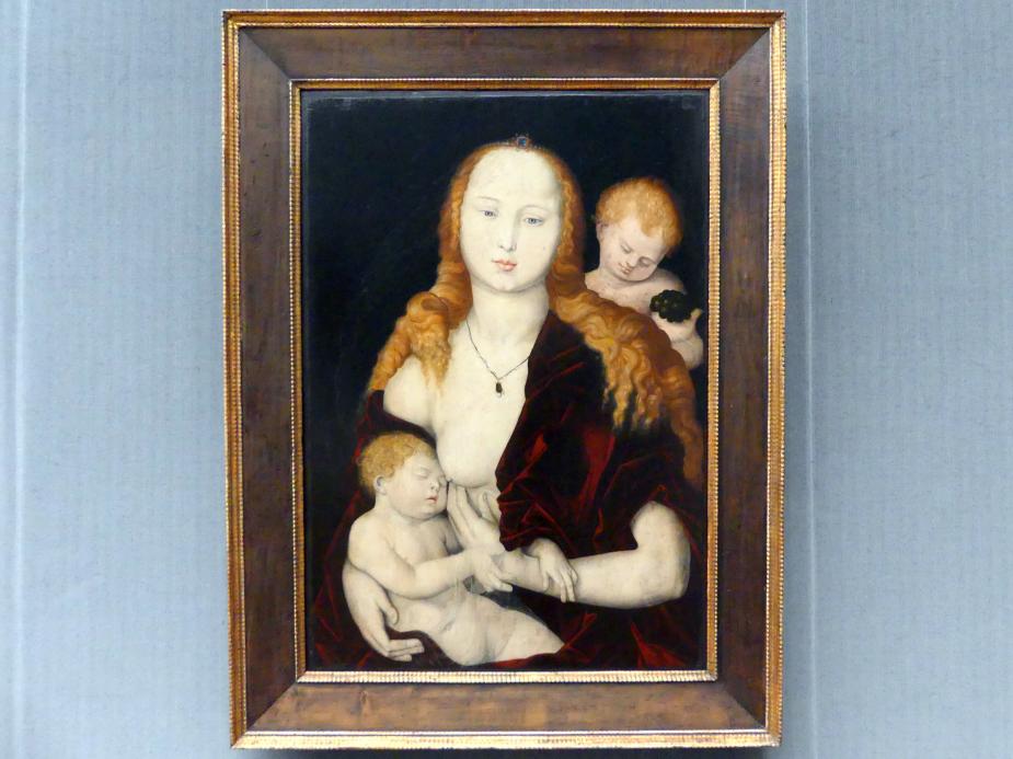 Hans Baldung Grien (1500–1544), Maria mit dem Kind und einem Engel (Maria mit der Weintraube), Berlin, Gemäldegalerie ("Berliner Wunder"), Saal III, um 1539, Bild 1/2