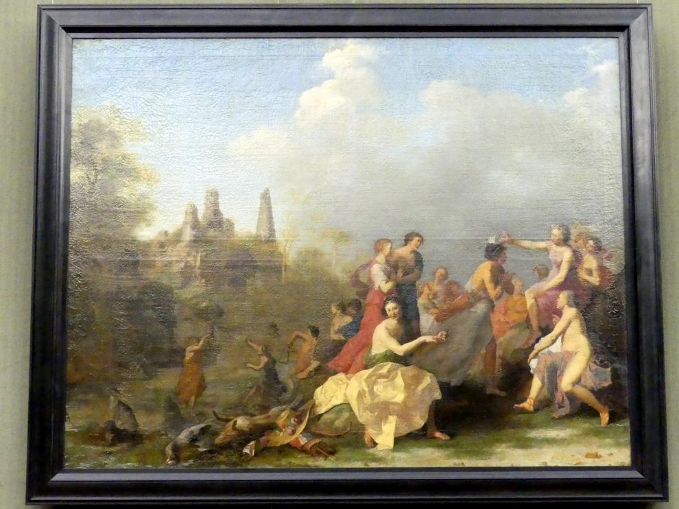 Cornelis van Poelenburgh (1620–1646), Amaryllis bekränzt Myrtill, Honselaersdijk, Schloß Honselaersdijk, jetzt Berlin, Gemäldegalerie ("Berliner Wunder"), Saal IX, um 1635