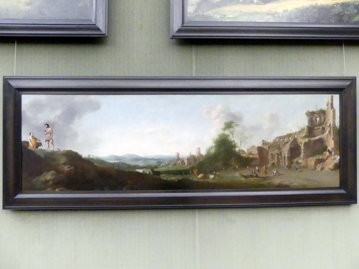Dirck van der Lisse (1635), Landschaft mit tanzenden Hirten, Honselaersdijk, Schloß Honselaersdijk, jetzt Berlin, Gemäldegalerie ("Berliner Wunder"), Saal IX, um 1635, Bild 1/3