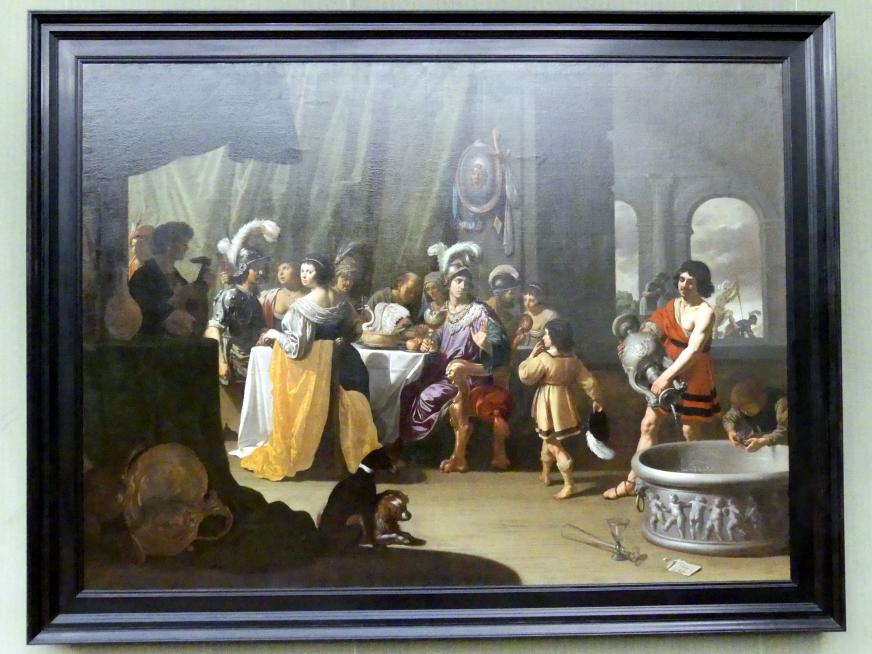 Jan van Bijlert (1627–1635), Das Gastmahl von Alexander und Kleitos, Honselaersdijk, Schloß Honselaersdijk, jetzt Berlin, Gemäldegalerie ("Berliner Wunder"), Saal IX, 1635