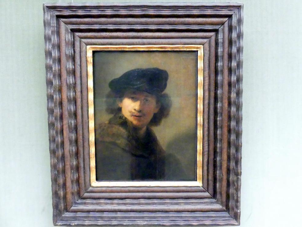 Rembrandt (Rembrandt Harmenszoon van Rijn) (1627–1669), Selbstbildnis mit Samtbarett und einem Mantel mit Pelzkragen, Berlin, Gemäldegalerie ("Berliner Wunder"), Saal X, 1634