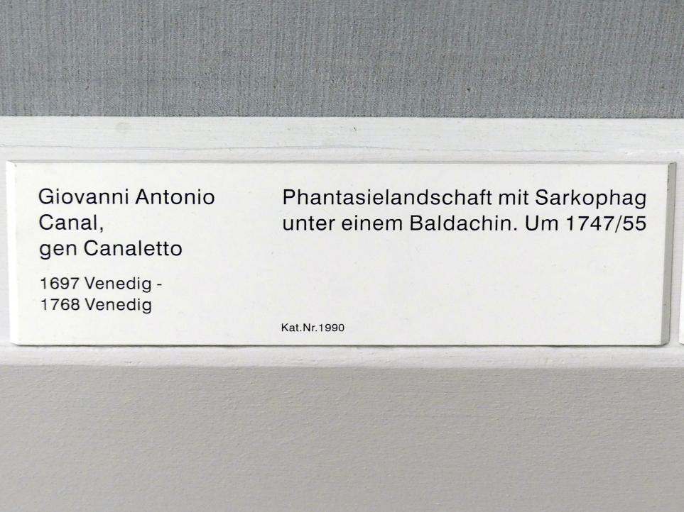 Giovanni Antonio Canal ("Canaletto") (1722–1765), Phantasielandschaft mit Sarkophag unter einem Baldachin, Berlin, Gemäldegalerie ("Berliner Wunder"), Saal XII, um 1747–1755, Bild 2/2
