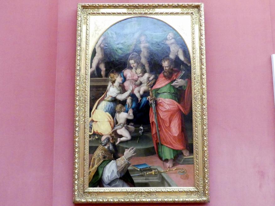 Prospero Fontana (1540–1569), Thronende Madonna mit den hll. Katharina von Alexandrien, Paulus, Augustinus und dem Johannesknaben, Berlin, Gemäldegalerie ("Berliner Wunder"), Saal XV, 1540
