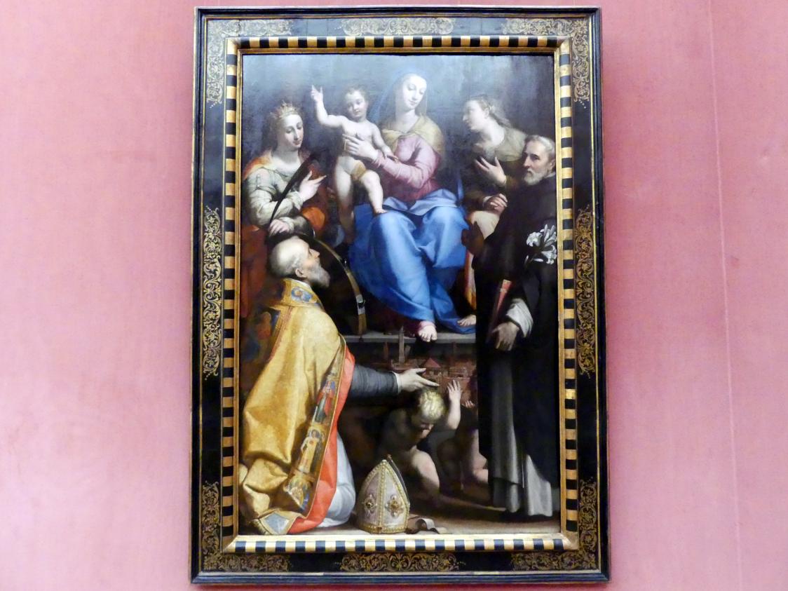 Lorenzo Sabatini (1565–1573), Thronende Maria mit dem segnenden Kind und den hll. Petronius, Katharina von Alexandrien, Dominikus und Apollonia, Berlin, Gemäldegalerie ("Berliner Wunder"), Saal XV, um 1570–1573, Bild 1/2
