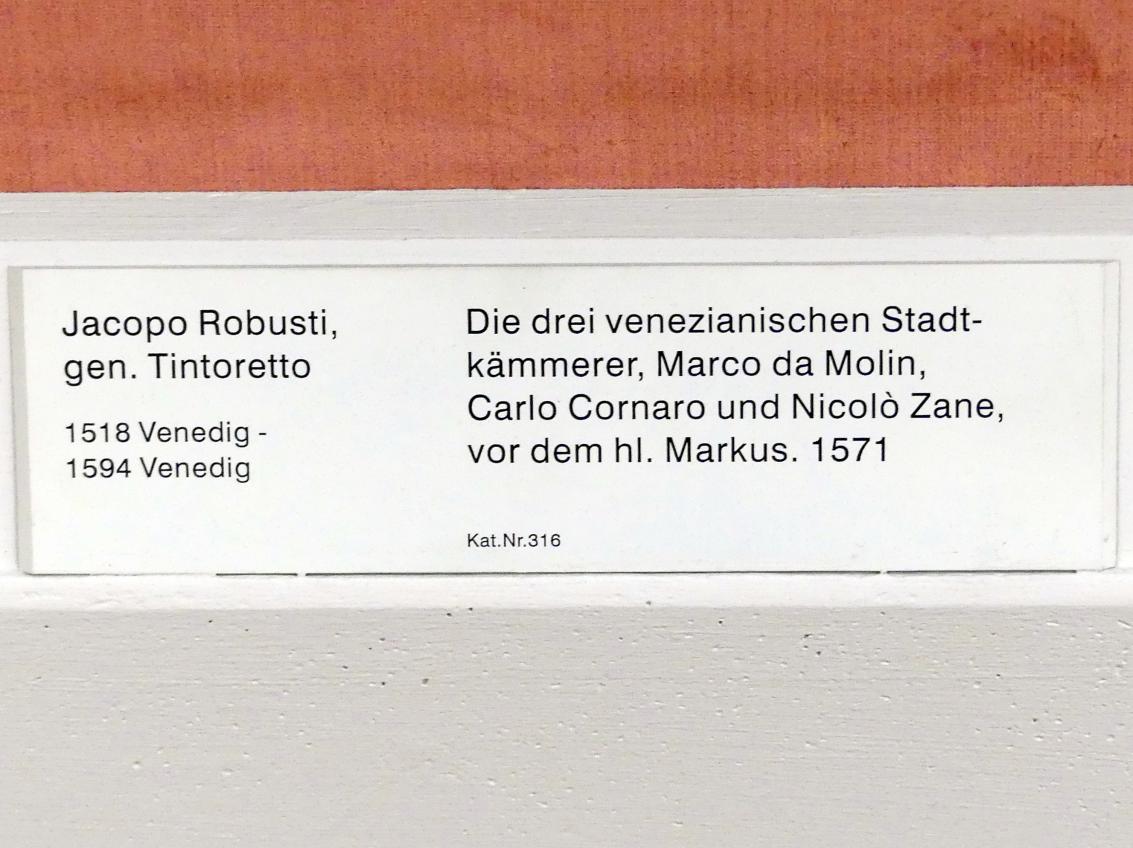 Tintoretto (Jacopo Robusti) (1540–1590), Die drei venezianischen Stadtkämmerer, Marco da Molin, Carlo Cornaro und Nicolò Zane, vor dem hl. Markus, Berlin, Gemäldegalerie ("Berliner Wunder"), Saal XVI, 1571, Bild 2/2