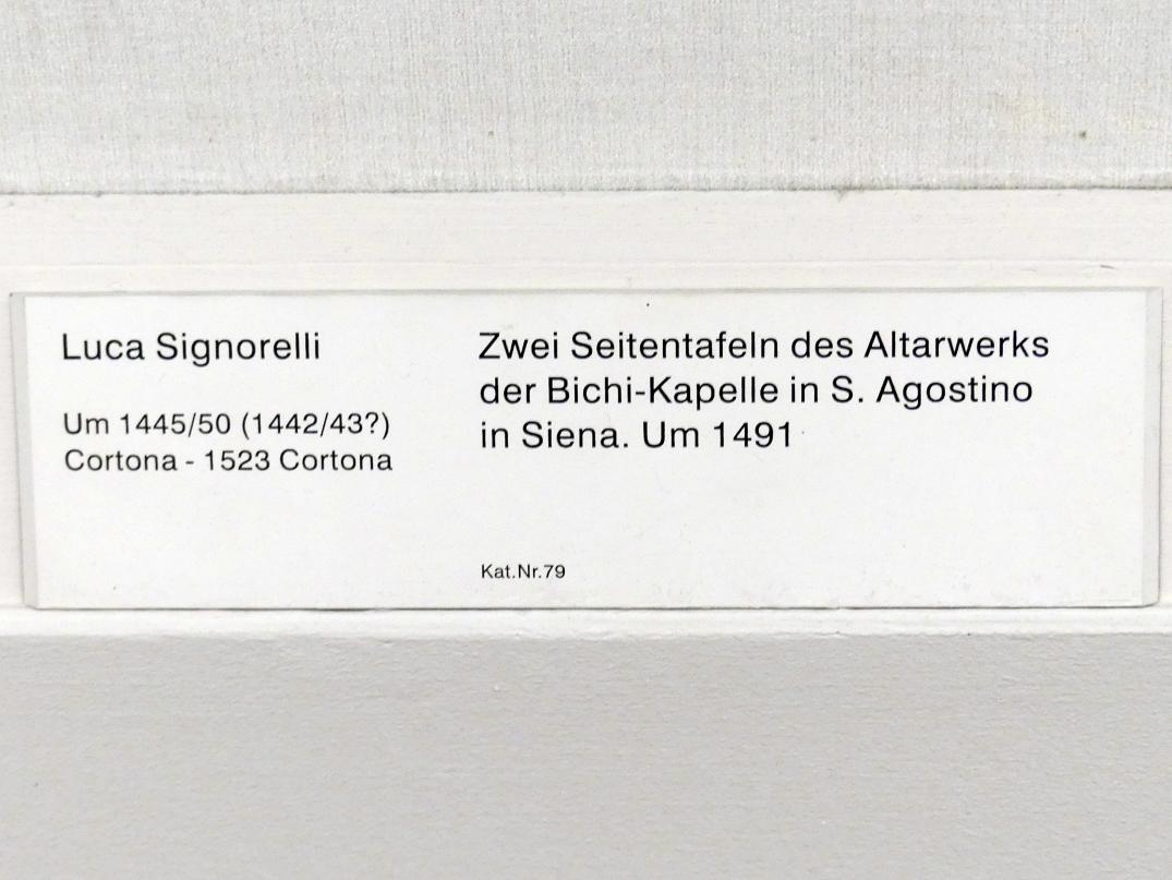 Luca Signorelli (1487–1517), Zwei Seitentafeln des Altarwerks der Bichi-Kapelle in S. Agostino in Siena, Siena, Chiesa di Sant’Agostino, jetzt Berlin, Gemäldegalerie ("Berliner Wunder"), Saal XVIII, 1491, Bild 2/2