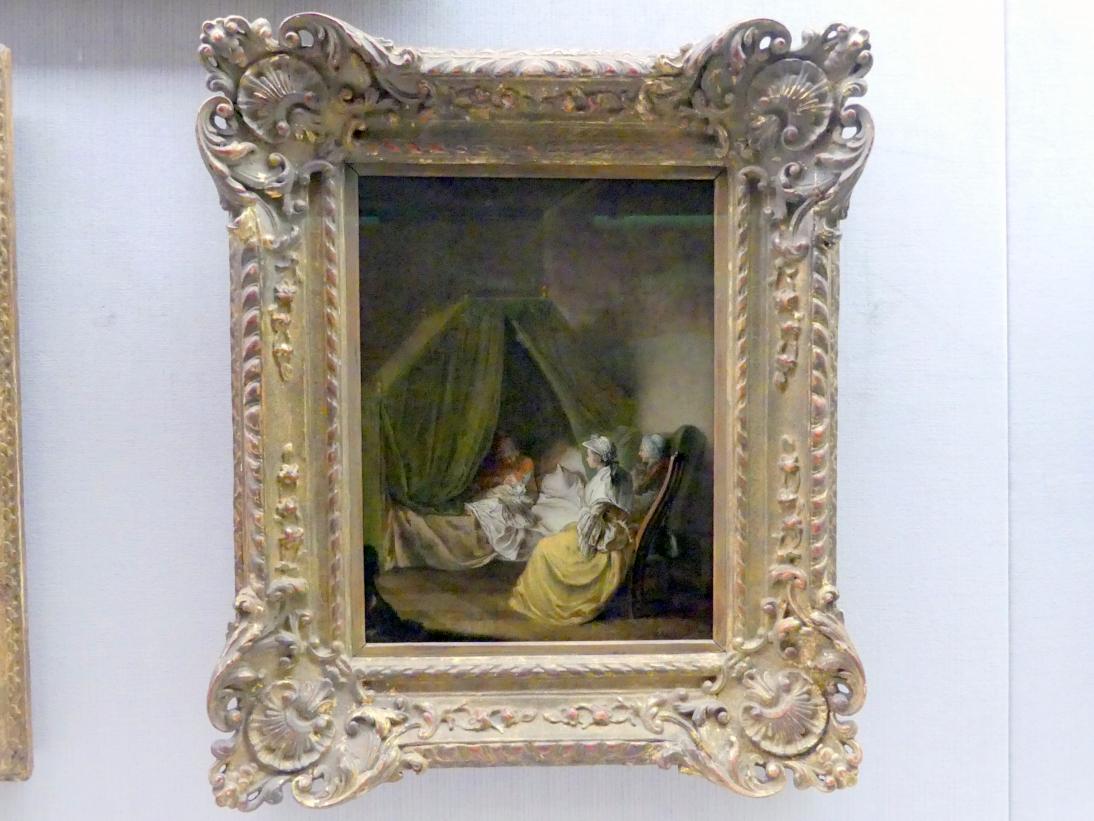 Daniel Nikolaus Chodowiecki (1758–1787), Die Wochenstube, Berlin, Gemäldegalerie ("Berliner Wunder"), Kabinett 34, 1759, Bild 1/2