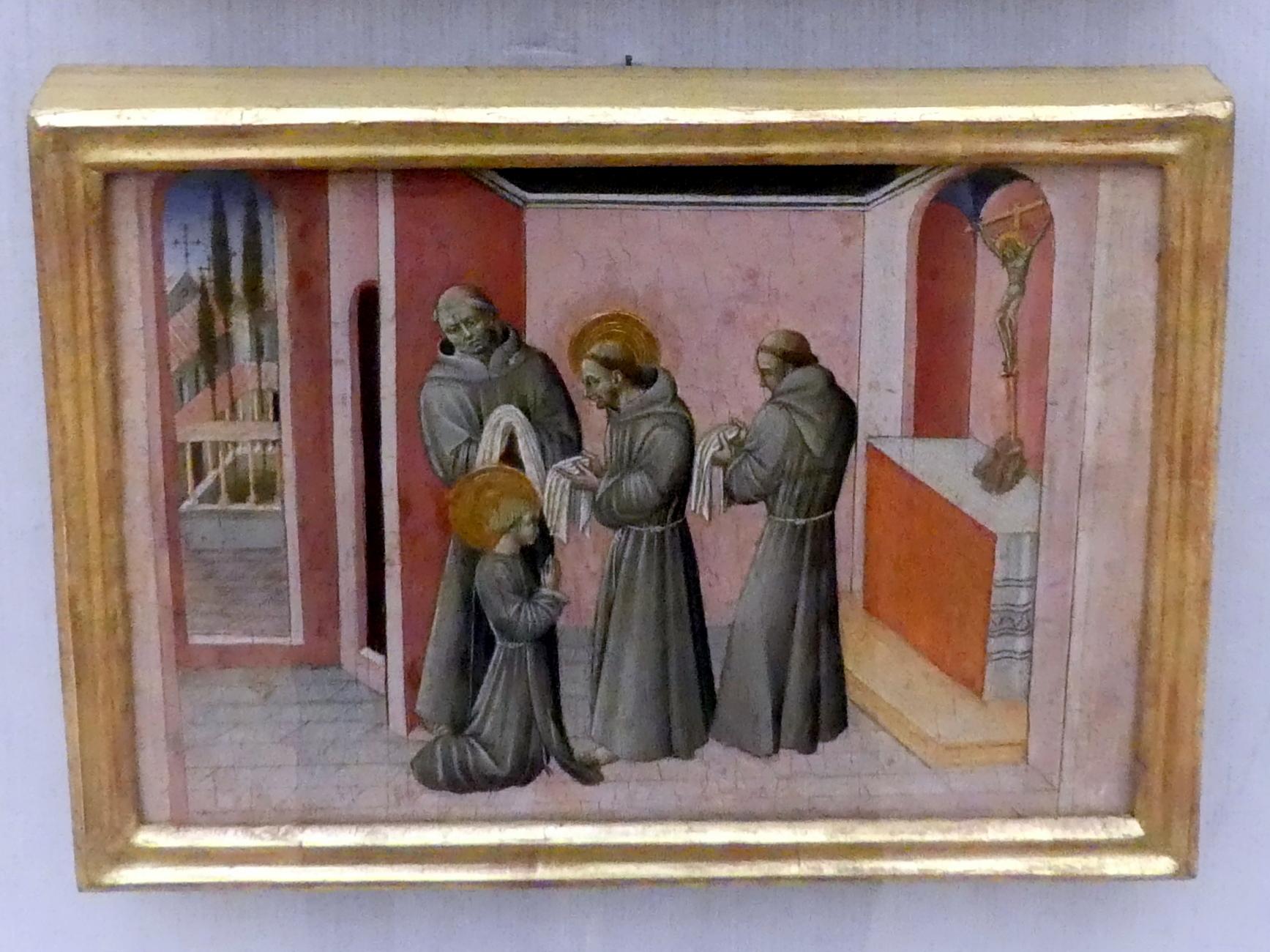 Giovanni di Paolo (1435–1475), Die Einkleidung der hl. Klara durch den hl. Franziskus, Berlin, Gemäldegalerie ("Berliner Wunder"), Kabinett 39, um 1455