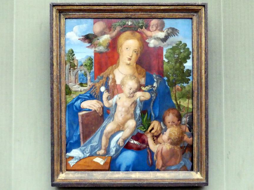 Albrecht Dürer (1490–1526), Die Madonna mit dem Zeisig, Berlin, Gemäldegalerie ("Berliner Wunder"), Kabinett 2, 1506, Bild 1/2