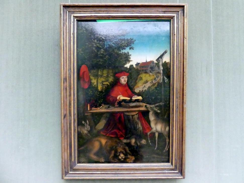 Lucas Cranach der Ältere (1502–1550), Kardinal Albrecht von Brandenburg (1490-1545) als hl. Hieronymus, Berlin, Gemäldegalerie ("Berliner Wunder"), Kabinett 3, 1527