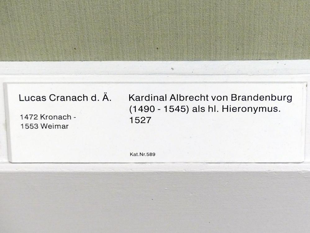 Lucas Cranach der Ältere (1502–1550), Kardinal Albrecht von Brandenburg (1490-1545) als hl. Hieronymus, Berlin, Gemäldegalerie ("Berliner Wunder"), Kabinett 3, 1527, Bild 2/2