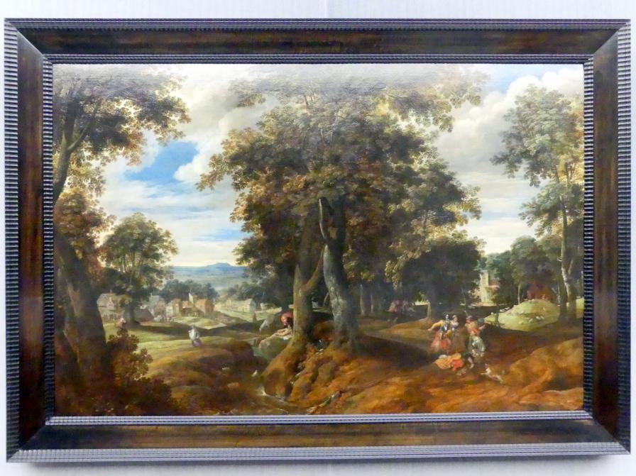 Cornelis Molenaer (1580), Waldige Landschaft mit dem barmherzigen Samariter, Berlin, Gemäldegalerie ("Berliner Wunder"), Kabinett 8, um 1580, Bild 1/2