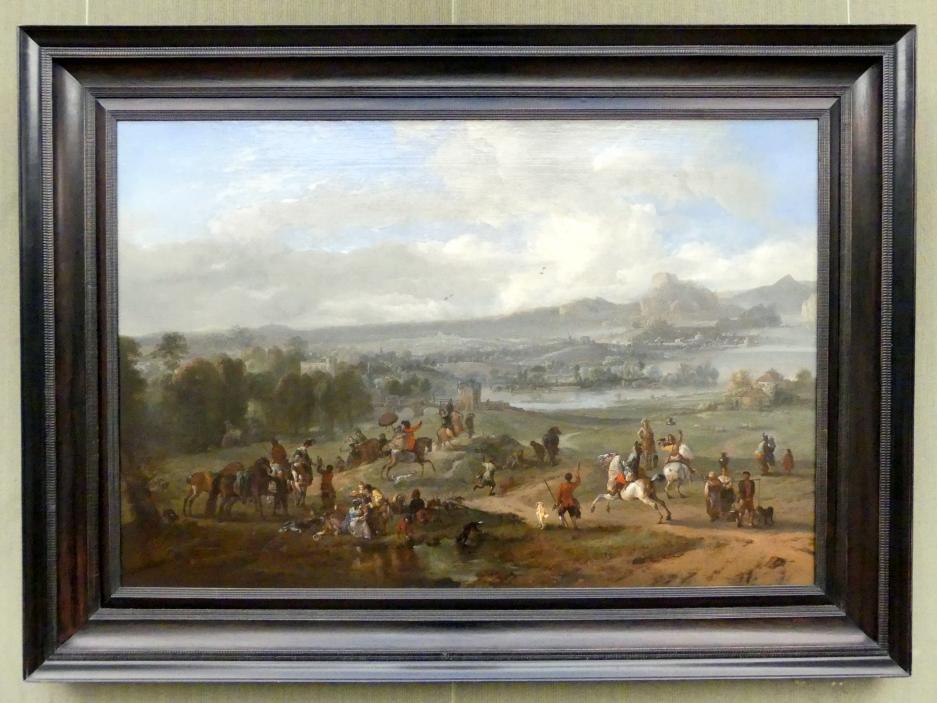 Philips Wouwerman (1645–1665), Gesellschaft auf der Falkenjagd, Berlin, Gemäldegalerie ("Berliner Wunder"), Kabinett 14, Undatiert, Bild 1/2