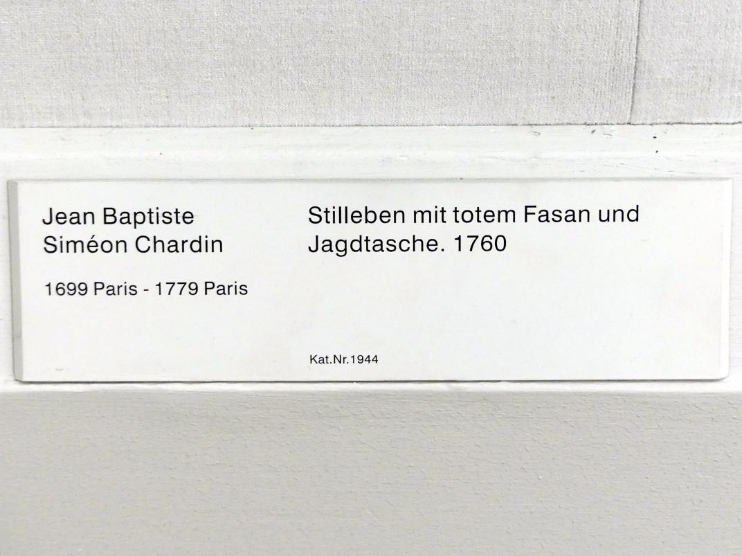 Jean Siméon Chardin (1725–1768), Stillleben mit totem Fasan und Jagdtasche, Berlin, Gemäldegalerie ("Berliner Wunder"), Kabinett 21, 1760, Bild 2/2