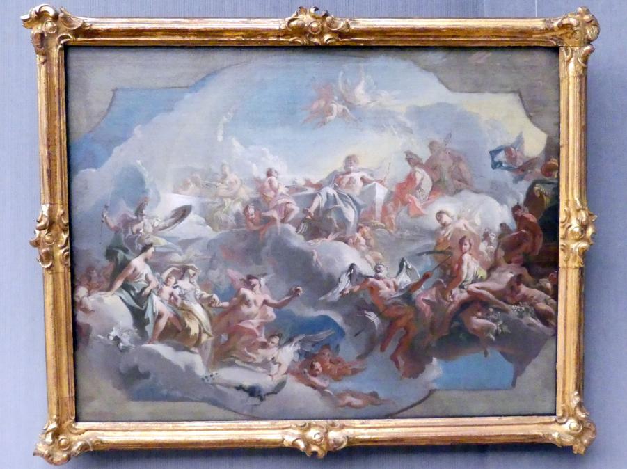 Carlo Innocenzo Carlone (1728–1772), Der Aufbruch der Göttinnen Juno, Venus und Minerva, geleitet von Merkur, zum Parisurteil, Berlin, Gemäldegalerie ("Berliner Wunder"), Kabinett 24, um 1727–1730