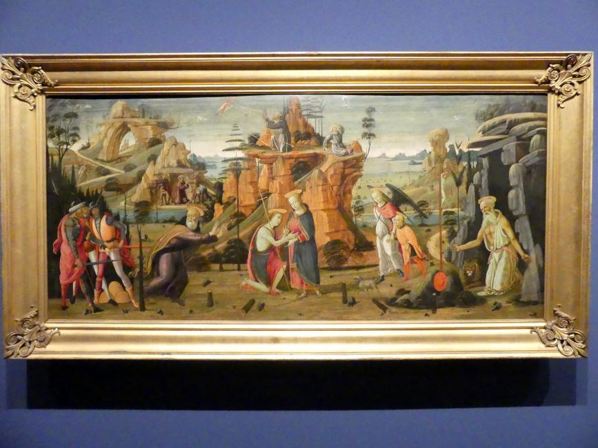 Jacopo del Sellaio (1469–1480), Landschaft mit Szenen aus der Bibel und Heiligenlegenden, Berlin, Gemäldegalerie ("Berliner Wunder"), Wandelhalle, um 1480, Bild 1/2