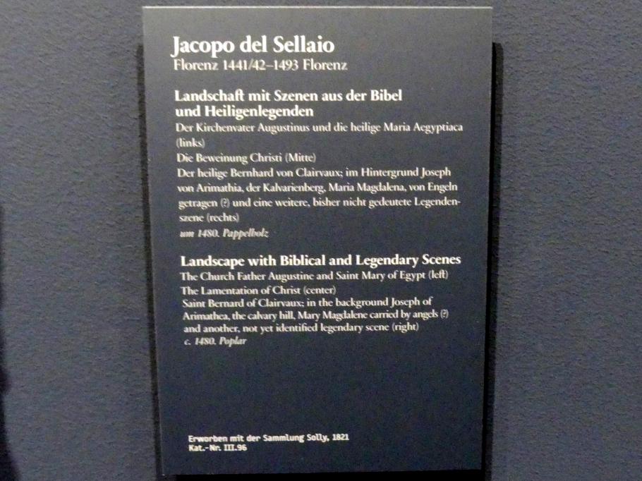 Jacopo del Sellaio (1469–1480), Landschaft mit Szenen aus der Bibel und Heiligenlegenden, Berlin, Gemäldegalerie ("Berliner Wunder"), Wandelhalle, um 1480, Bild 2/2