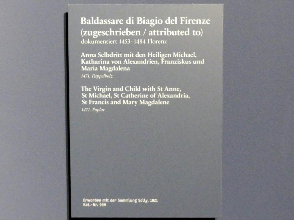 Baldassarre di Biagio del Firenze (1471), Anna Selbdritt mit den hll. Michael Katharina von Alexandrien, Franziskus und Maria Magdalena, Berlin, Gemäldegalerie ("Berliner Wunder"), Wandelhalle, 1471, Bild 2/2
