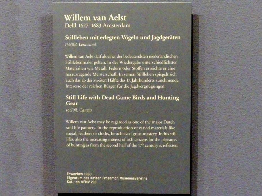 Willem van Aelst (1660–1679), Stillleben mit erlegten Vögeln und Jagdgeräten, Berlin, Gemäldegalerie ("Berliner Wunder"), Wandelhalle, 1660, Bild 2/2