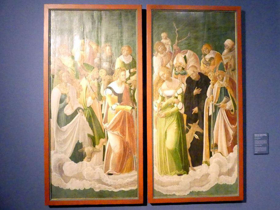 Meister der Crispinuslegende (1515–1520), Retabel des Straußfurter Marienaltars: Die vierzehn Nothelfer, Berlin, Gemäldegalerie ("Berliner Wunder"), Wandelhalle, um 1520, Bild 1/2