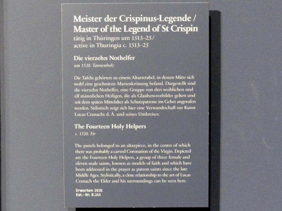 Meister der Crispinuslegende (1515–1520), Retabel des Straußfurter Marienaltars: Die vierzehn Nothelfer, Berlin, Gemäldegalerie ("Berliner Wunder"), Wandelhalle, um 1520, Bild 2/2