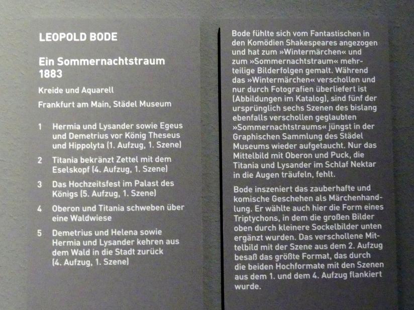 Leopold Bode (1864–1902), Ein Sommernachtstraum, 4.Aufzug, 1.Szene, München, Sammlung Schack, Ausstellung "Erzählen in Bildern" vom 22.11.2018-10.03.2019, Saal 19, 1883, Bild 2/2