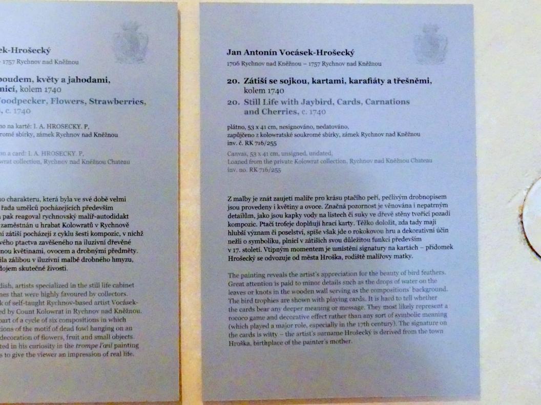 Jan Antonín Vocásek-Hrošecký (1740), Stillleben mit Eichelhäher, Spielkarten, Nelke und Kirschen, Prag, Nationalgalerie im Palais Sternberg, Erdgeschoss, um 1740, Bild 2/2