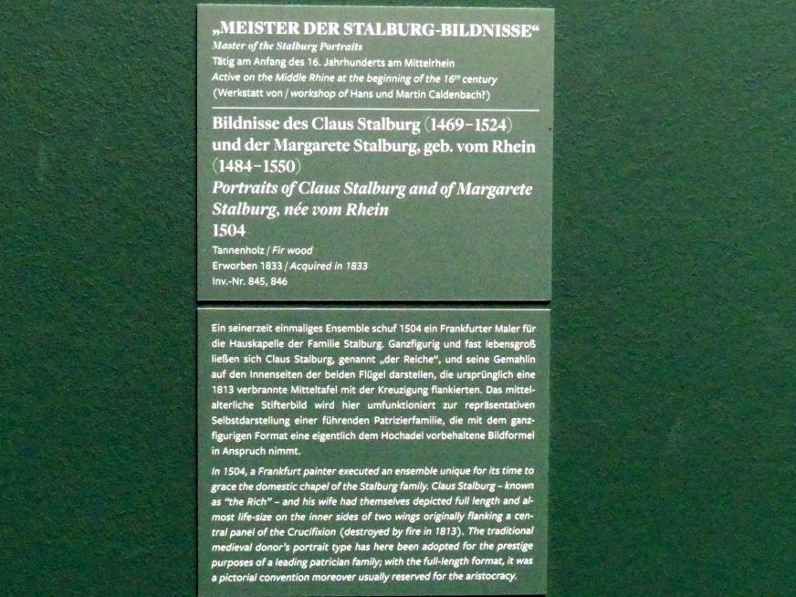 Meister der Stalburg-Bildnisse (1504), Bildnisse des Claus Stalburg (1469-1524) und der Margarete Stalburg, geb. vom Rhein (1484-1550), Frankfurt am Main, Städel Museum, 2. Obergeschoss, Saal 2, 1504, Bild 2/2