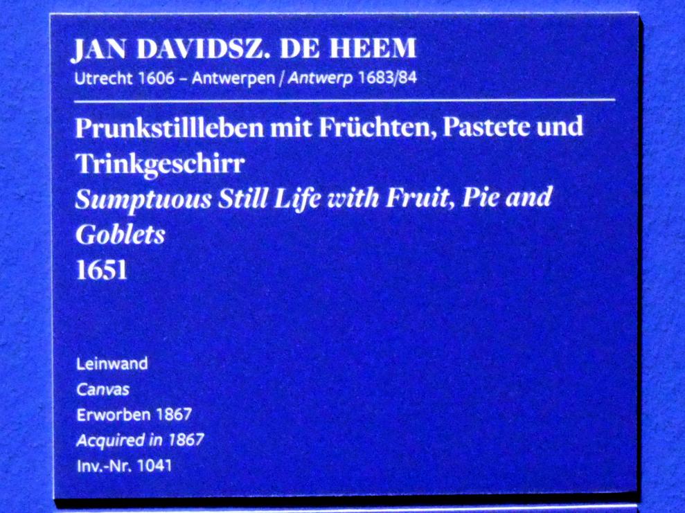 Jan Davidsz. de Heem (1634–1684), Prunkstillleben mit Früchten, Pastete und Trinkgeschirr, Frankfurt am Main, Städel Museum, 2. Obergeschoss, Saal 8, 1651, Bild 2/2